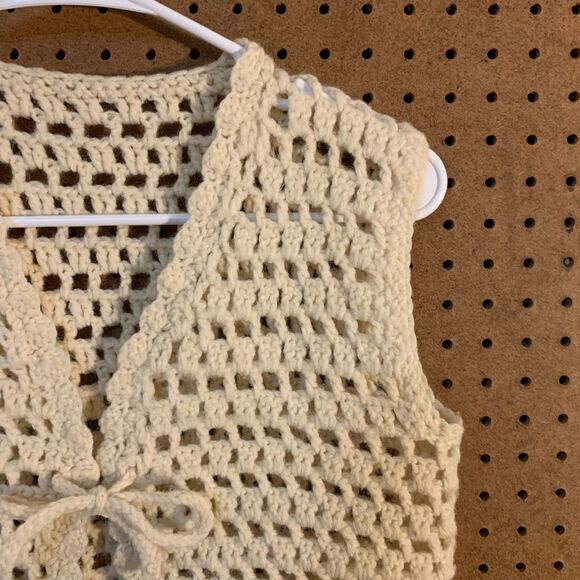 Vintage Handmade Knit Crochet Vest Open Front OS Pastel Cottagecore Granny Cream - Picture 2 of 5